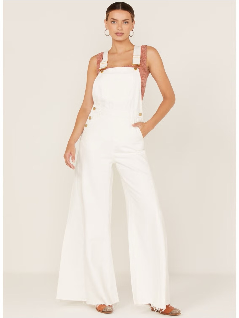 SHOW ME YOUR MUMU SEASALT WHITE SAN FRAN WIDE LEG DENIM OVERALLS SZ M